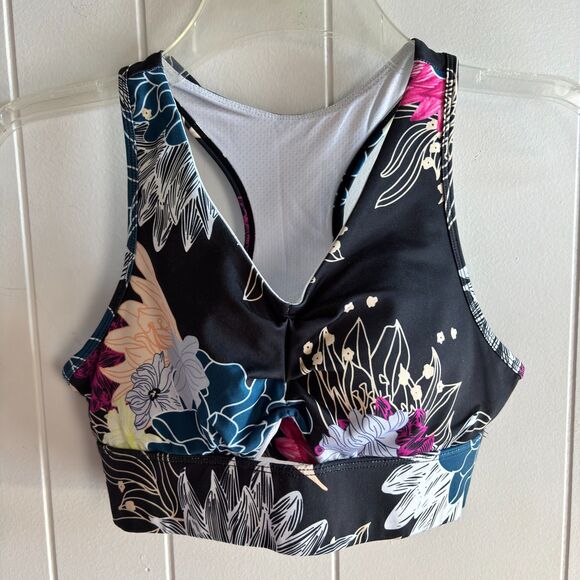 Women’s L Blue Floral Racerback Fitness Bra Wide Band, Removable Padded Cups #V - Picture 2 of 4